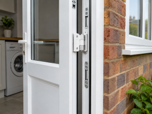 Close-up of a white uPVC door hinge and frame showing adjustment points in a UK home
