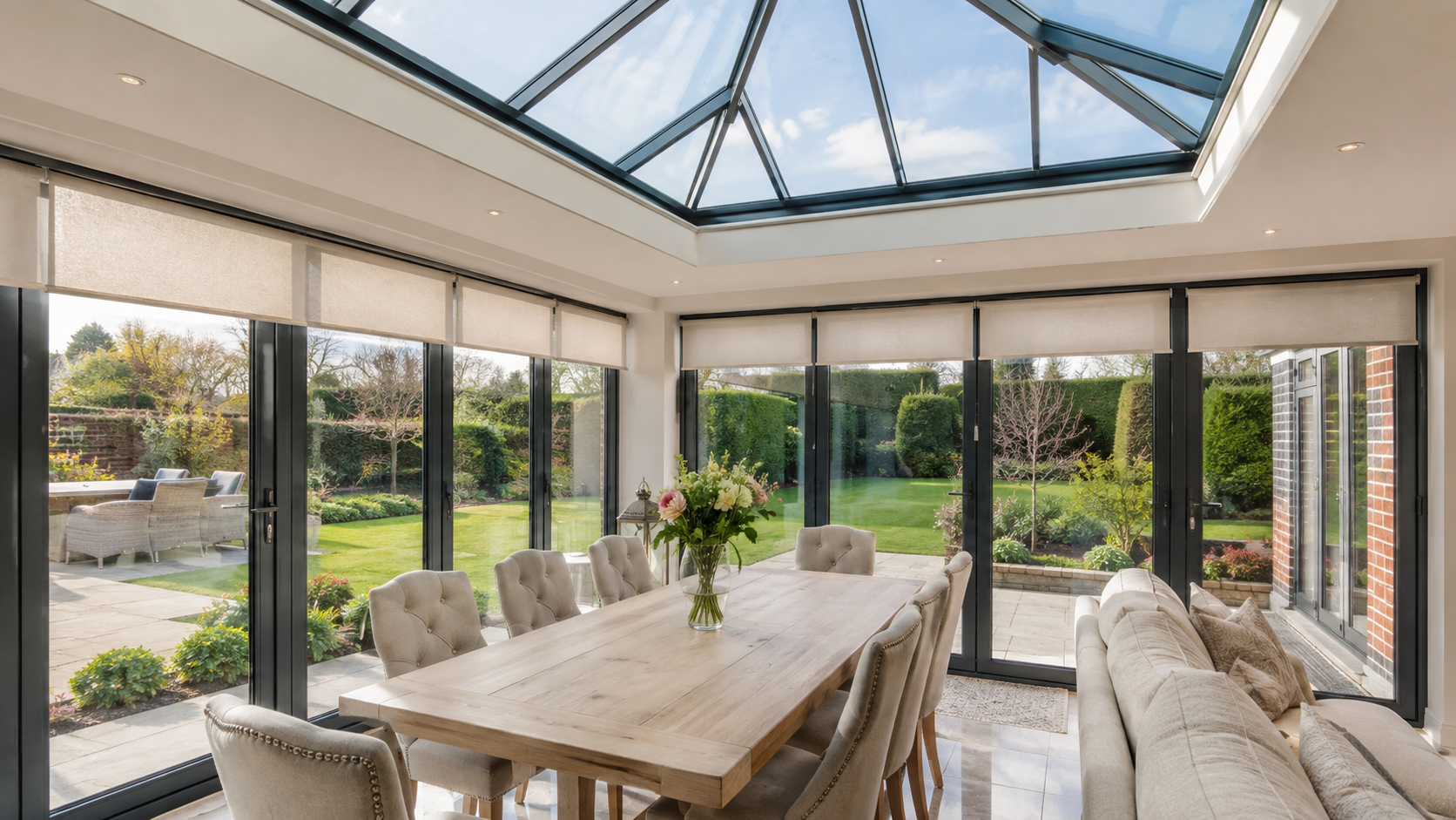 Modern UK orangery with roof lantern blinds, glazed panels and a bright dining area