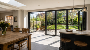 Modern UK kitchen-diner with black aluminium bifold doors and bright sunlight through solar-control glazing
