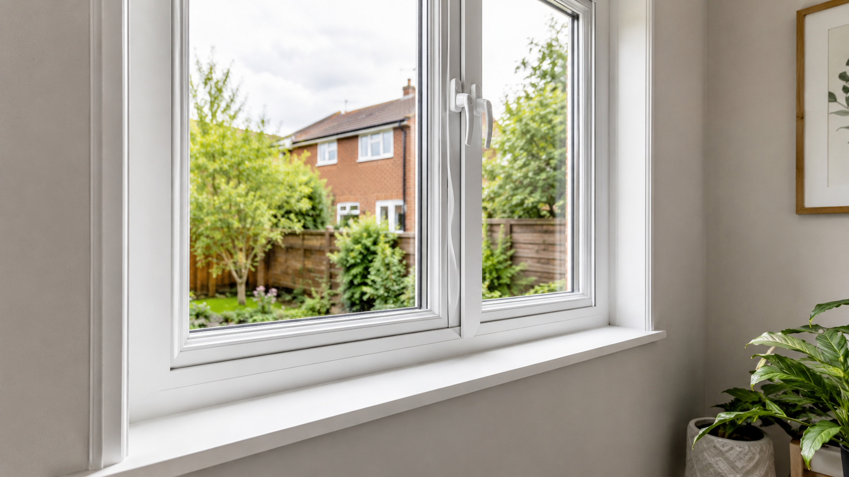 Close-up of a white uPVC window frame with neat internal trim and sill detail in a UK home