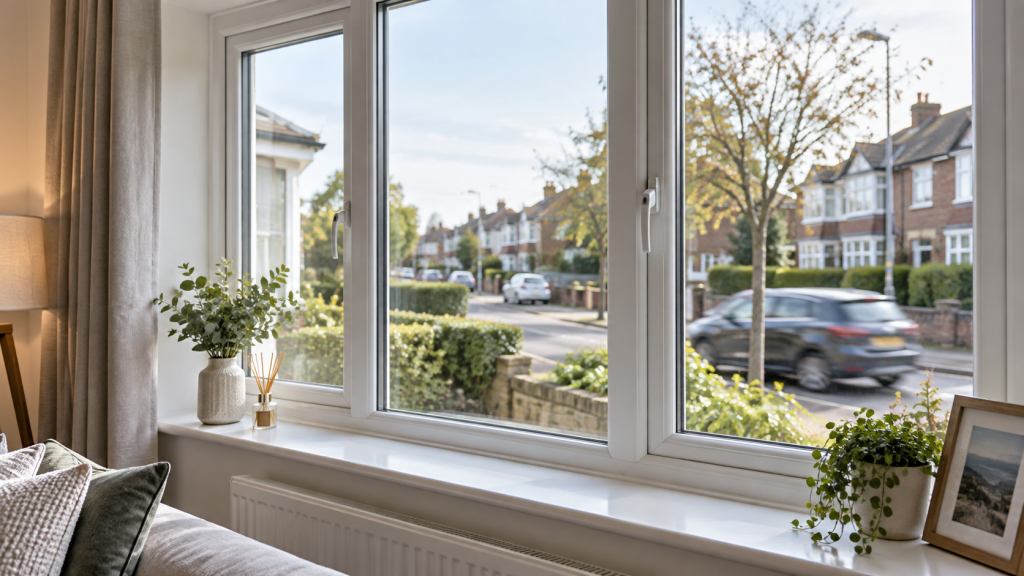 Modern uPVC window in a UK home beside a busy road demonstrating acoustic glazing for noise reduction