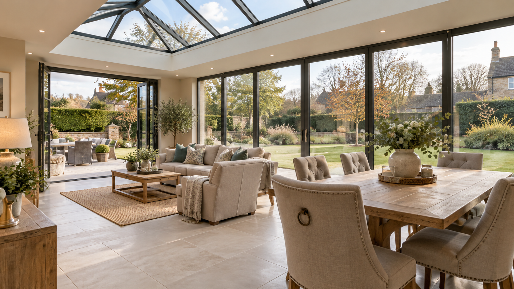 Warm modern orangery interior with roof lantern, dining area and underfloor heating style tiled floor