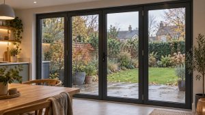 Closed anthracite aluminium bifold doors overlooking an autumn garden from a warm kitchen-diner