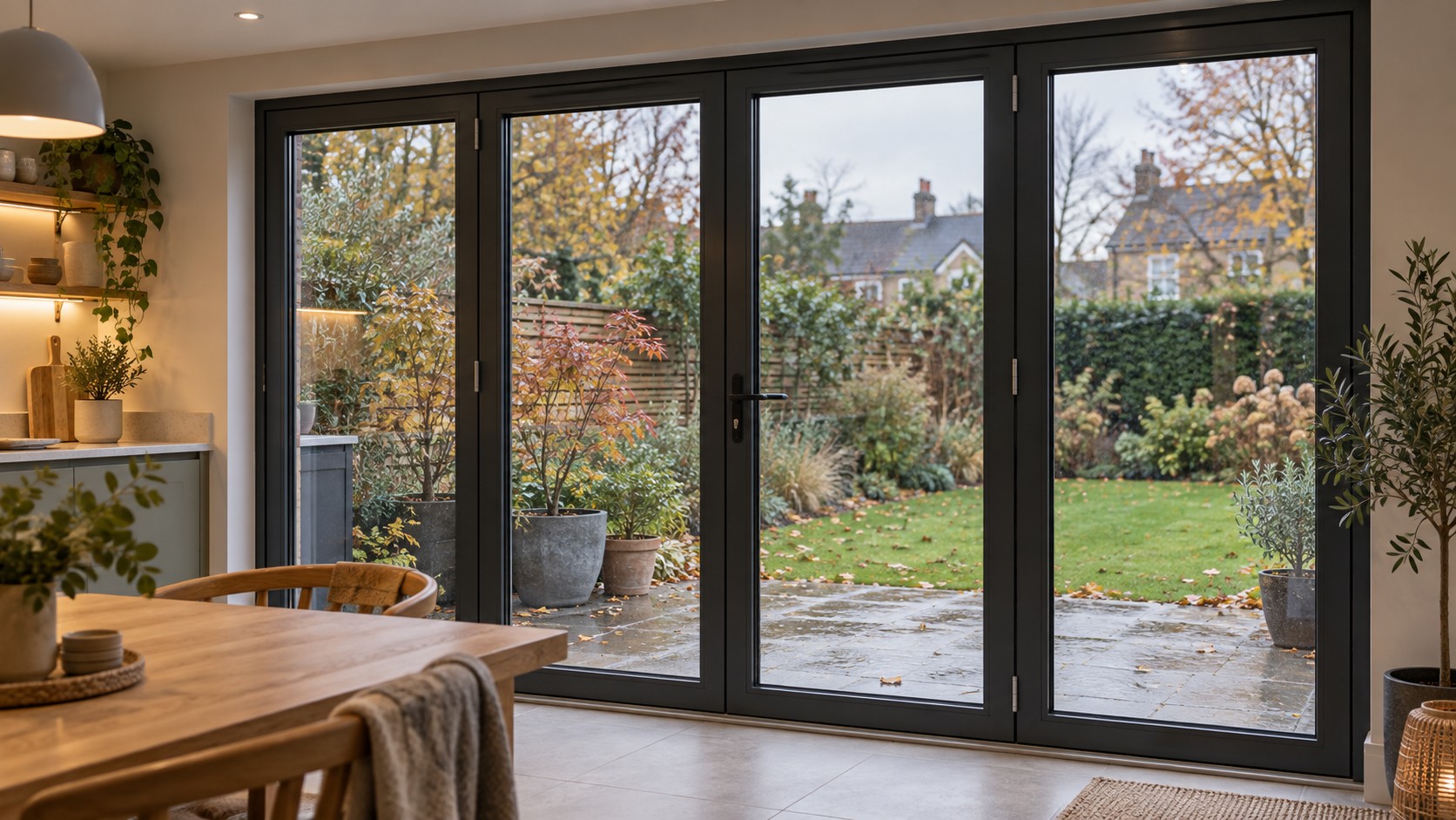 Closed anthracite aluminium bifold doors overlooking an autumn garden from a warm kitchen-diner