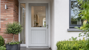 Modern UK home entrance showing a white uPVC door with glazed panels and clean frame detail