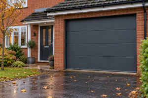 Illustrative anthracite sectional garage door on an attached red brick British garage.