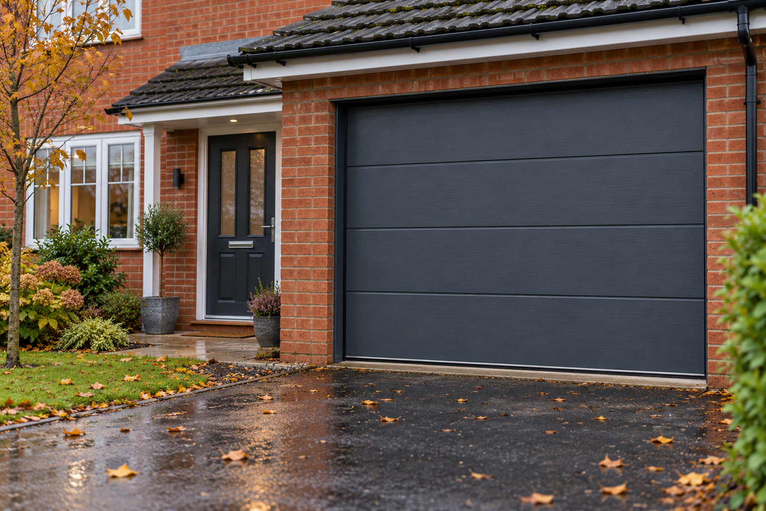 Illustrative anthracite sectional garage door on an attached red brick British garage.