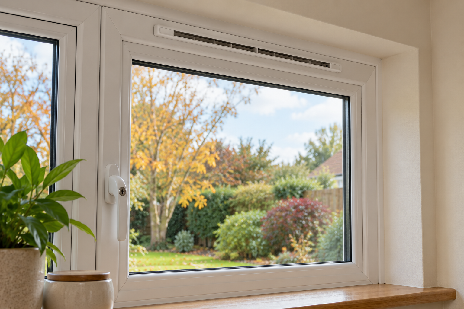 Illustrative close-up of a white uPVC window with a slim trickle ventilator above the glazing.